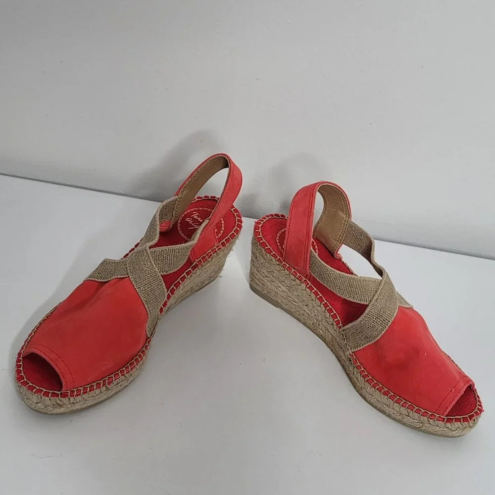 Toni Pons Origens‎ Sandals US 5 Red Suede Tan Trim Wedge Espadrilles EU 35